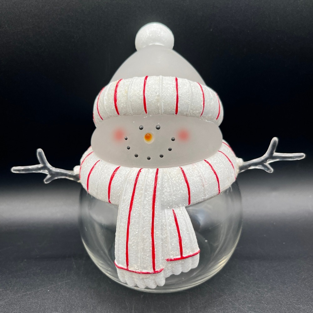 Snowman Glass Candy Jar Frosted Lid White Striped‎ Christmas 5.75" Acrylic Glass